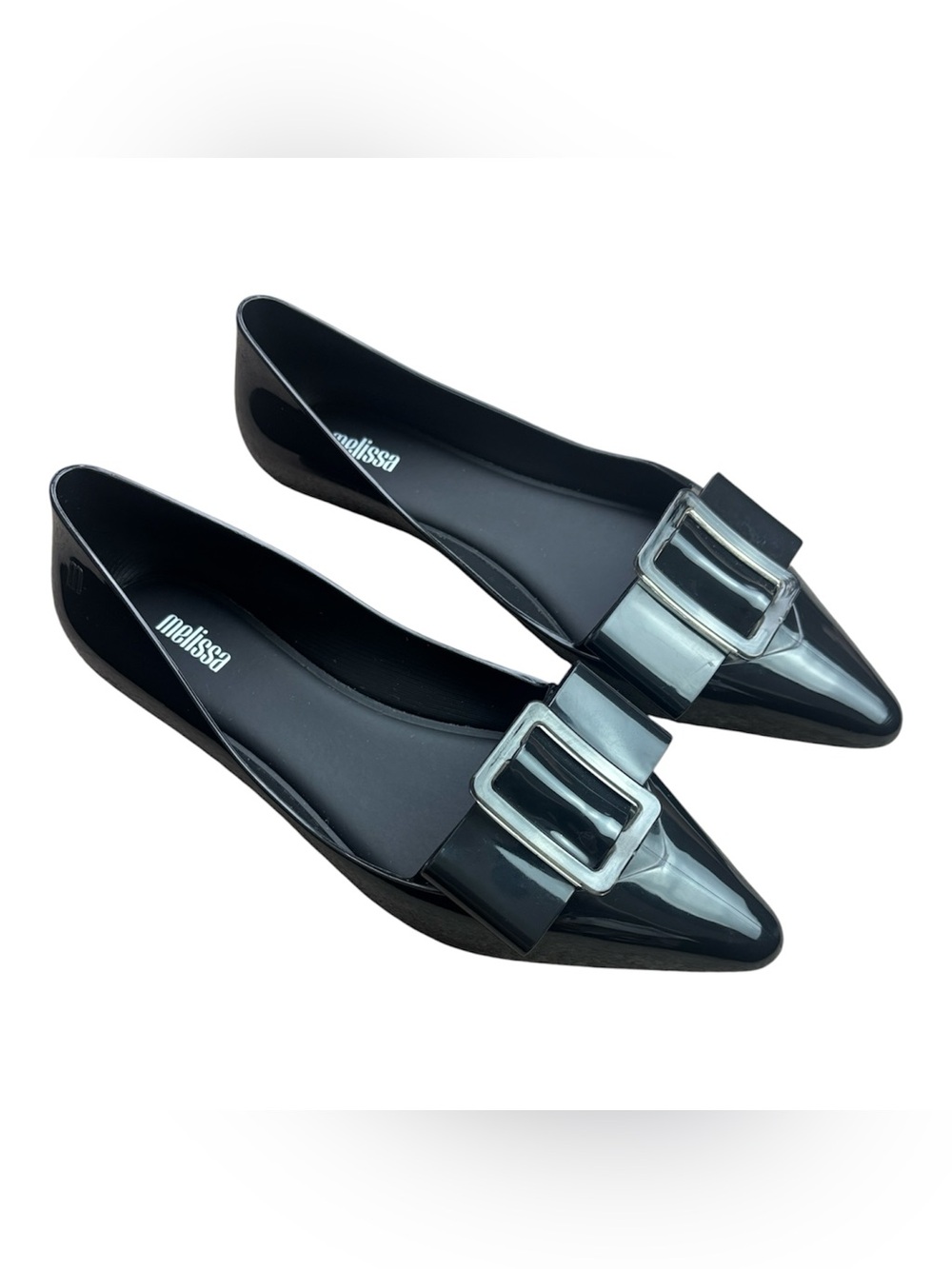Melissa Black Pointed Toe Flats with Buckle Accent Sz 8
